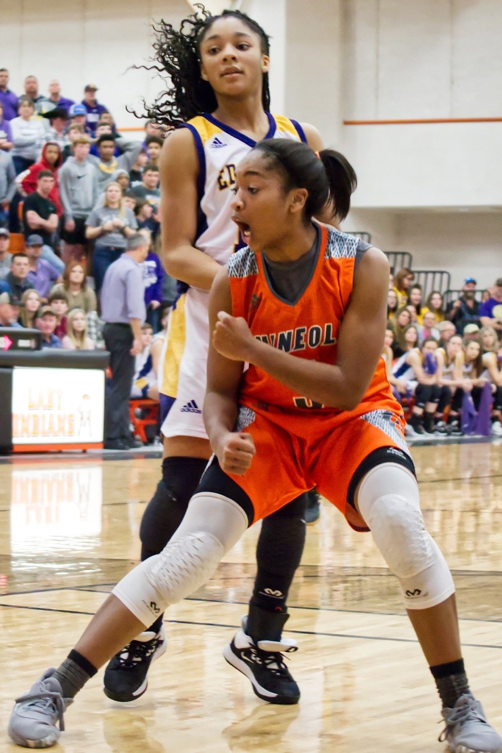 Sabria Dean celebrates a steal and assist during a Mineola run in the second half.